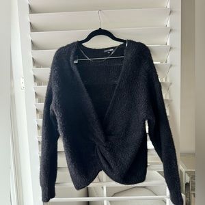 Fashion Nova Deep In Love Sweater Black XL Fluffy Knot Front Cropped LIKE NEW
